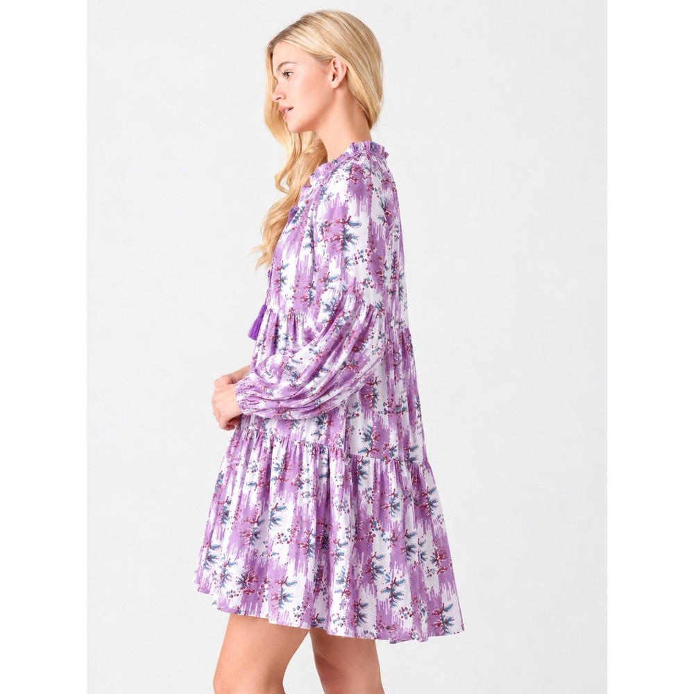OLIPHANT Balloon Sleeve Mini Dress Pink White Tiered Cotton Silk XS